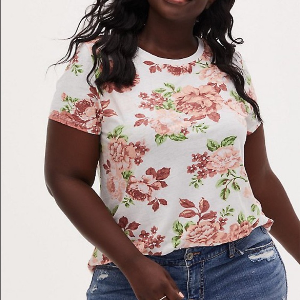 Torrid floral white and pink classic fit burnout tee